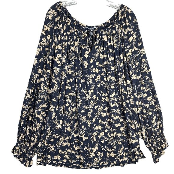 NEW Chaps Plus Size Floral Peasant Blouse 2X Navy Cream Long Sleeve Top Boho - Picture 2 of 10